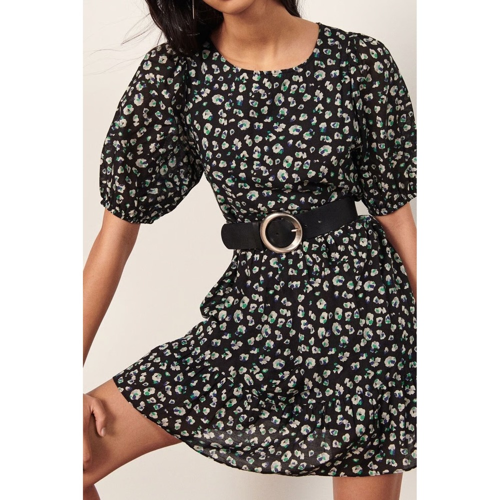BA&SH Black Noir Beth Floral Puff Sleeve Babydoll Dress 1E22BETH Size Medium